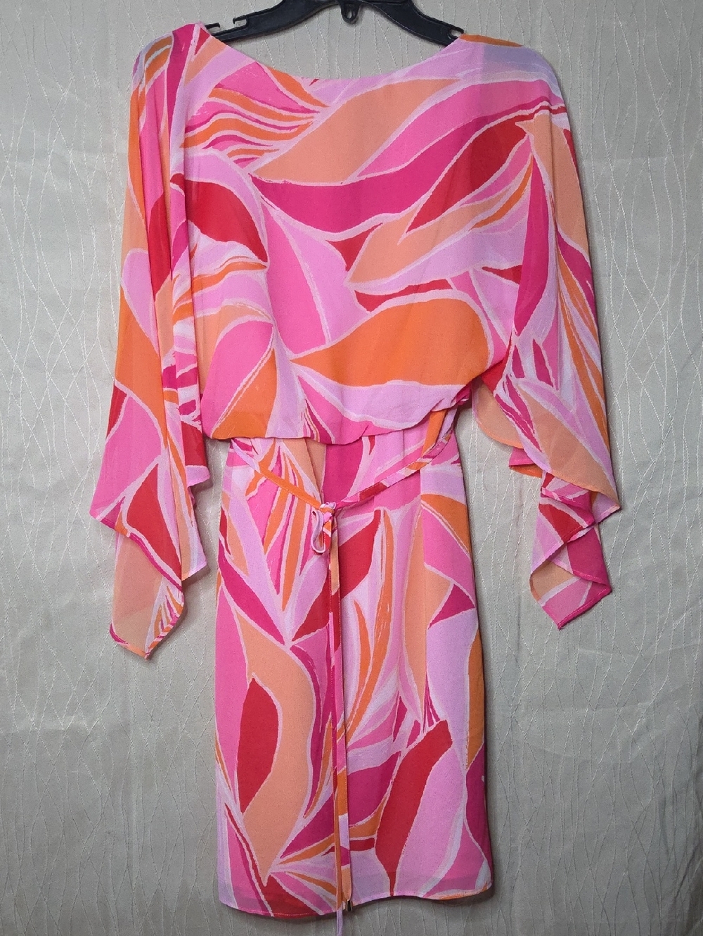 Jessica Howard Pink Peach Abstract Belted Mini Chiffon Dress